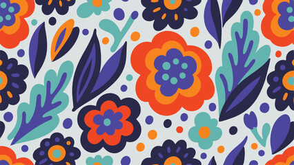Colorful floral pattern with orange and blue flowers and leaves on a white background design element