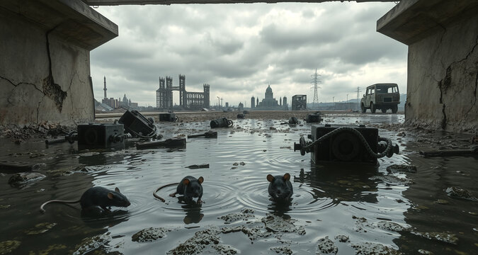 post apocalyptic landscape scene flooded underpass filled with algae and rats eerie desolation dystopian environment urban decay abandoned wasteland eerie atmosphere survival scenario haunting beauty