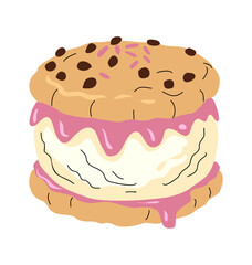 Delicious sandwich ice cream with chocolate cookies and vanilla filling, vector illustration isolated on transparent background. Perfect for dessert, summer, and sweet food designs