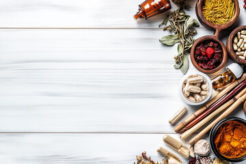 Various Traditional Chinese Herbal Medicine Ingredients Displayed as Background Concept