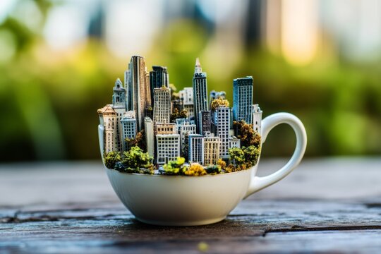 A coffee cup with a miniature city inside, placed on a wooden table, symbolizing the hectic urban life