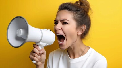 Naklejka premium Young woman with a megaphone on a bright yellow background