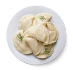 Boiled dumplings in a plate on a white background. Top view