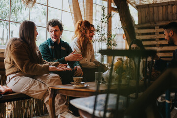 A group of friends gather around a table for coffee and conversation in a cozy cafe, enjoying a relaxed atmosphere and warm ambiance. The image captures the essence of social connection and comfort.