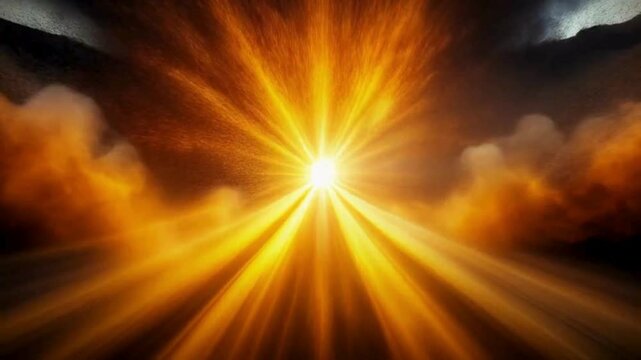 Ochre radial beams burst amid swirling ash in a quarry, simulating a radioactive Halloween abstract explosion