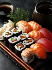 Delicious set of sushi rolls and nigiri with soy sauce and pickled ginger