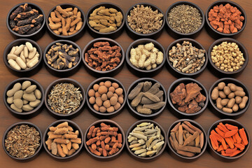 Various Traditional Chinese Herbal Medicine Ingredients Displayed as Background Concept