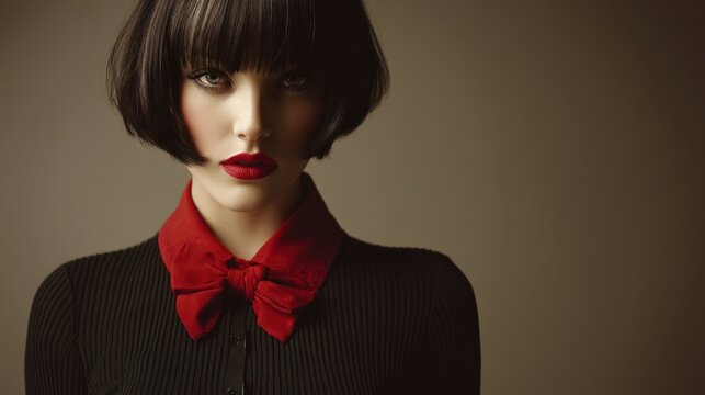 High-quality stock image of a retro fashion model in classic mod outfit and bob cut, styled with era-specific flair in studio lighting
