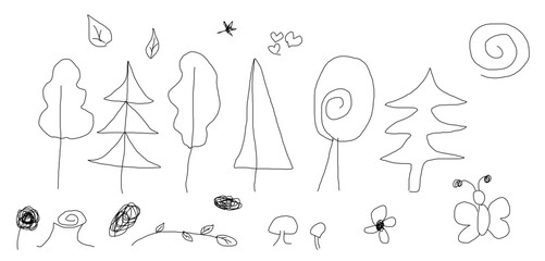 Doodle trees, bushes, leaves, mushrooms, hearts, flowers and butterflies drawn with pen or pencil, naive children’s sketch style on transparent background


