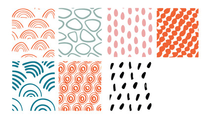 Collection of eight different abstract patterns with colorful shapes and lines on a white background design