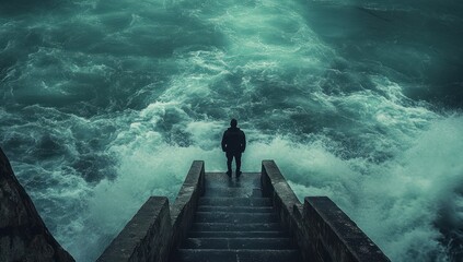 Man stands on steps amidst a turbulent sea