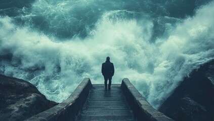 Person on steps facing powerful waves