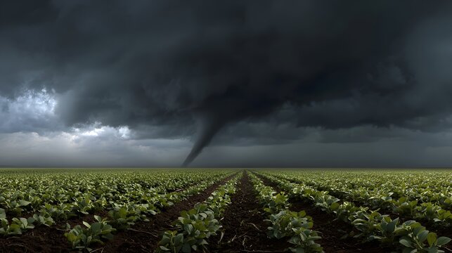 Tornado funnel cloud forming distance over soybean farm wind bending crop menacing sky filled swirling debris chaos raw power of weather farmland dark tornado sky background cut out isolated