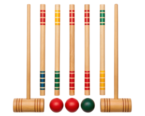 Wooden croquet set with mallets and colorful balls on a transparent background