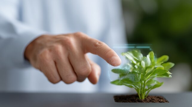 A hand interacts with a digital overlay on a small potted plant, blending technology and nature. - Powered by Adobe