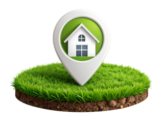 Location Pin with House Icon on Grass Patch Transparent Background