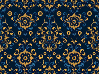 Elegant Damask Pattern Blue and Gold Floral Seamless Design (23).png
