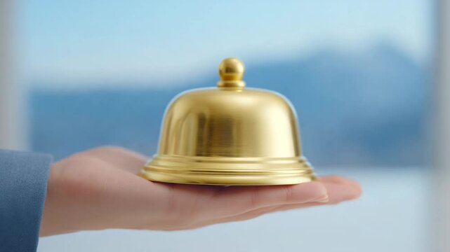 Golden Bell in Hand: A close-up captures a person's hand, delicately presenting a gleaming gold bell, showcasing meticulous detail and hinting at service and hospitality.