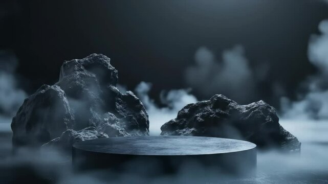 Empty dark round display pedestal stage with rocks and fog. Product placement mystical concept video.