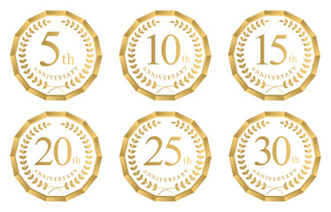 周年・10周年・15周年・20周年・25周年・30周年のアニバーサリーロゴ(anniversarry logo エンブレム 月桂樹 お祝い ベクター 編集可能 シンプル モノクロ 白)
