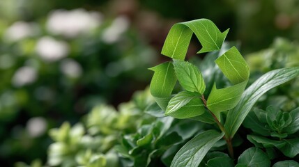 Green leaf shaped like a recycling symbol surrounded by lush foliage.