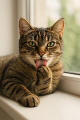 Tabby Cat Grooming Itself on a Cozy Windowsill with Natural Light