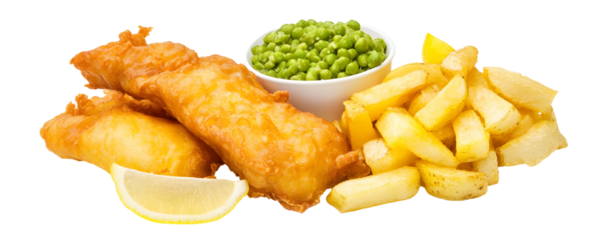 A plate featuring two pieces of battered fish, golden fries, green peas, and a lemon wedge, showcasing a classic fish and chips meal.