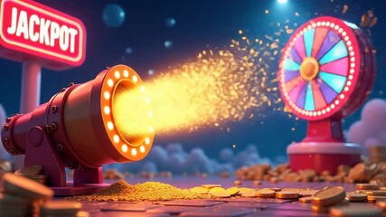 Jackpot cannon shooting glittering gold coins towards spinning wheel  