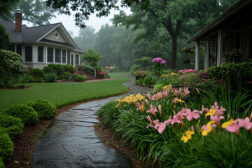 Exploring a serene garden shrouded in morning fog with vibrant flowers
