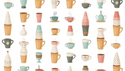Coffee cups and mugs seamless pattern, ideal background for cafe or kitchen themes