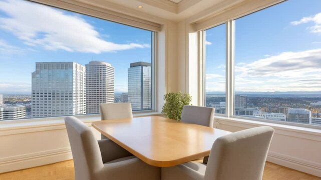 Skyline Dining: A dining area with a modern wooden table, framed by floor-to-ceiling windows, offering a stunning perspective of the city skyline, the perfect blend of comfort and urban elegance.