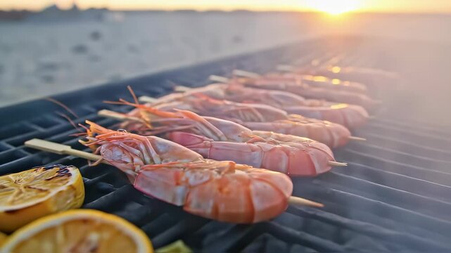 A row of succulent prawns on skewers grills over hot coals on a beach at sunset. This inviting closeup shows the seafood cooking alongside lemon halves, with a soft, golden light in the background.