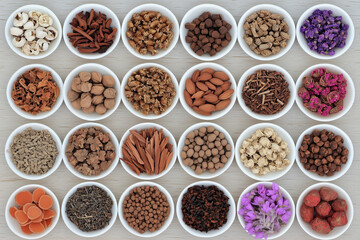 Various Traditional Chinese Herbal Medicine Ingredients Displayed as Background Concept