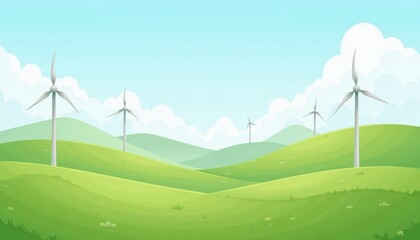 Obraz premium Sustainable green energy, wind turbines dotting a picturesque hilly landscape green