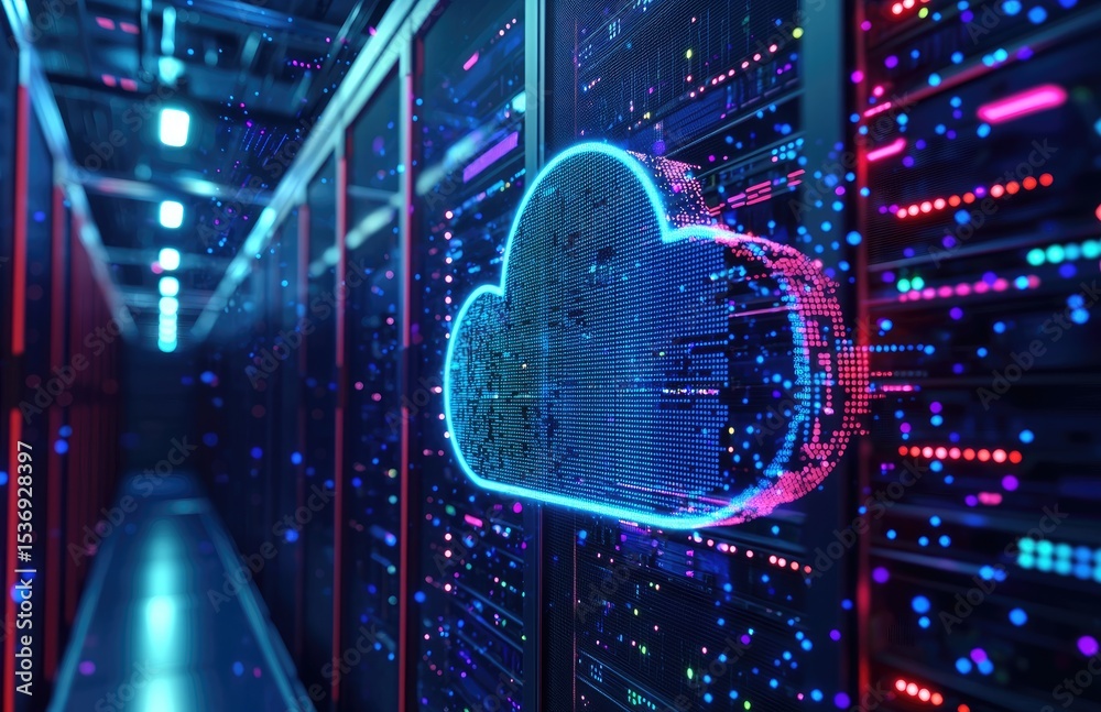 Aufkleber digital data center corridor with a pixelated glowing cloud icon and vibrant server lights, ideal fo