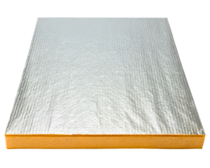 Rectangular insulation board with a reflective foil layer on a transparent background