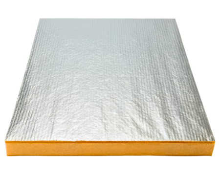Rectangular insulation board with a reflective foil layer on a transparent background