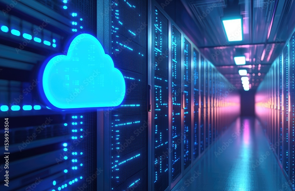 Poster modern data center corridor with glowing cloud symbol and vibrant led-lit server racks, perfect for 