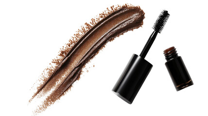 Elevating beauty with rich brown mascara and a dramatic brush stroke swirling elegantly on a pristine white background, showcasing a bold and glamorous look.
