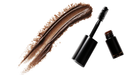 Elevating beauty with rich brown mascara and a dramatic brush stroke swirling elegantly on a pristine white background, showcasing a bold and glamorous look.