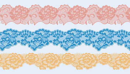 Three-Piece Set of Bright Orange-Red, Yellow, and Blue Lace Trim