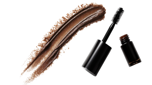Elevating beauty with rich brown mascara and a dramatic brush stroke swirling elegantly on a pristine white background, showcasing a bold and glamorous look.