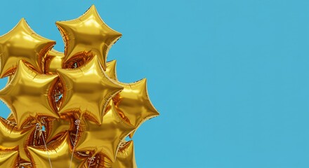 Fototapeta premium Shiny gold star balloons floating high against a clear blue sky, celebrating success and holiday events.