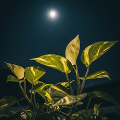 Glowing Green Foliage in Dark Night Sky