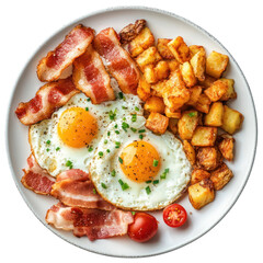  Breakfast with eggs, bacon, and hashbrowns panoramic view on transparent background