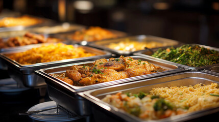 Obraz premium Buffet Style Food Display for Events in Warm Lighting