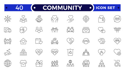 Community Outline icon set. Containing people, friendship, social, diversity, village, relationships, support and community development icons. People, social, group, human, team, population.