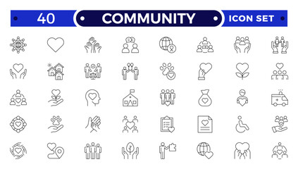 Community Outline icon set. Containing people, friendship, social, diversity, village, relationships, support and community development icons. People, social, group, human, team, population.