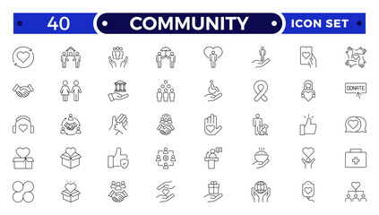 Community Outline icon set. Containing people, friendship, social, diversity, village, relationships, support and community development icons. People, social, group, human, team, population.