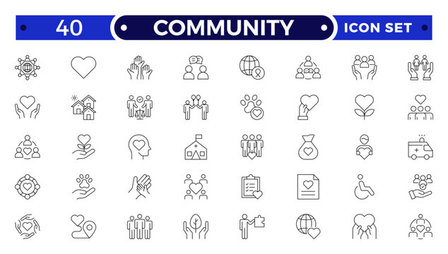 Community Outline icon set. Containing people, friendship, social, diversity, village, relationships, support and community development icons. People, social, group, human, team, population.